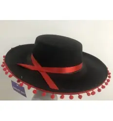 SOMBRERO CORDOBES FIELTRO NEGRO CON BORLA ROJA