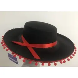 SOMBRERO CORDOBES FIELTRO NEGRO CON BORLA ROJA