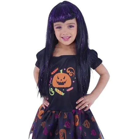Peluca mechas negras y lilas.